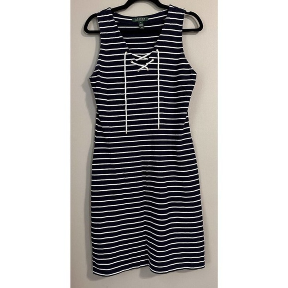 Ralph Lauren Nautical Striped Blue White Sleeveless 100%‎ Cotton Dress Sz M 1012